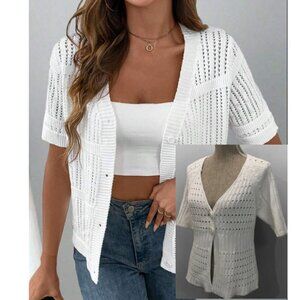 White 2-Button Cardigan Size Medium, Short Sleeve, Open Knit Design